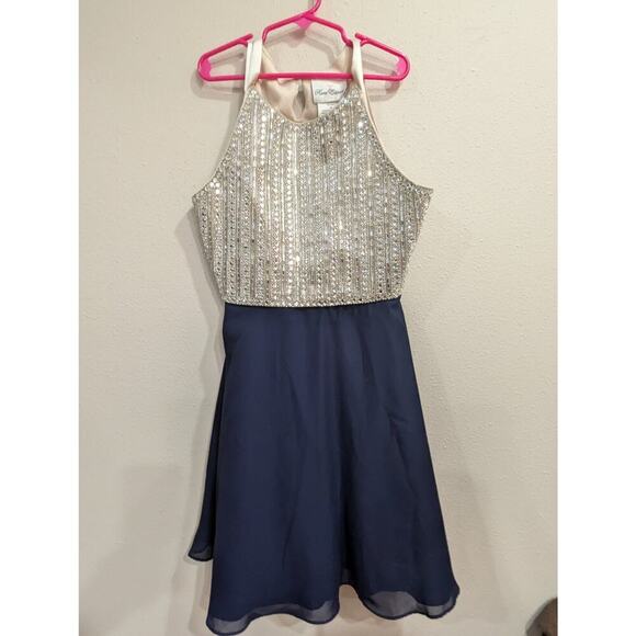 Girls silver rhinestone lined bodace formal w/navy organza skirt Rare Editions - Picture 1 of 8